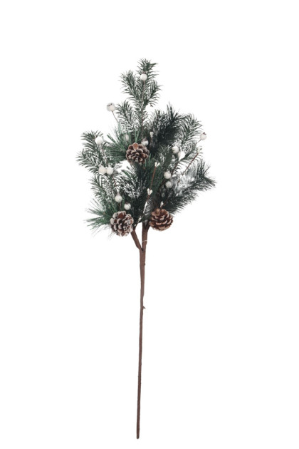 Vetva zasnežená so šiškou vianoč.