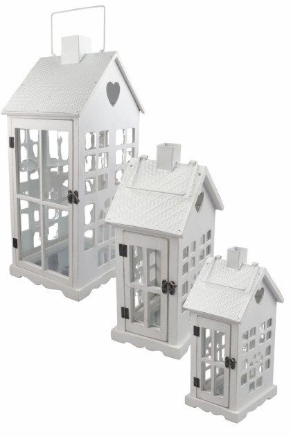 Lampáš na sviečku  -  domček biely 3 set